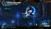 Game screen with a character in a fantasy setting, possibly a cave or forest, with glowing elements and a blue aura.