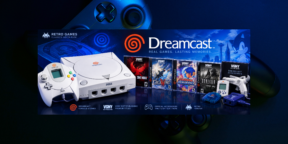 Promotional banner for the Dreamcast console and controllers, featuring a white Dreamcast console, white controller, blue controller, several game cases, and retro game packaging on a dark blue background with blurred controller controls.