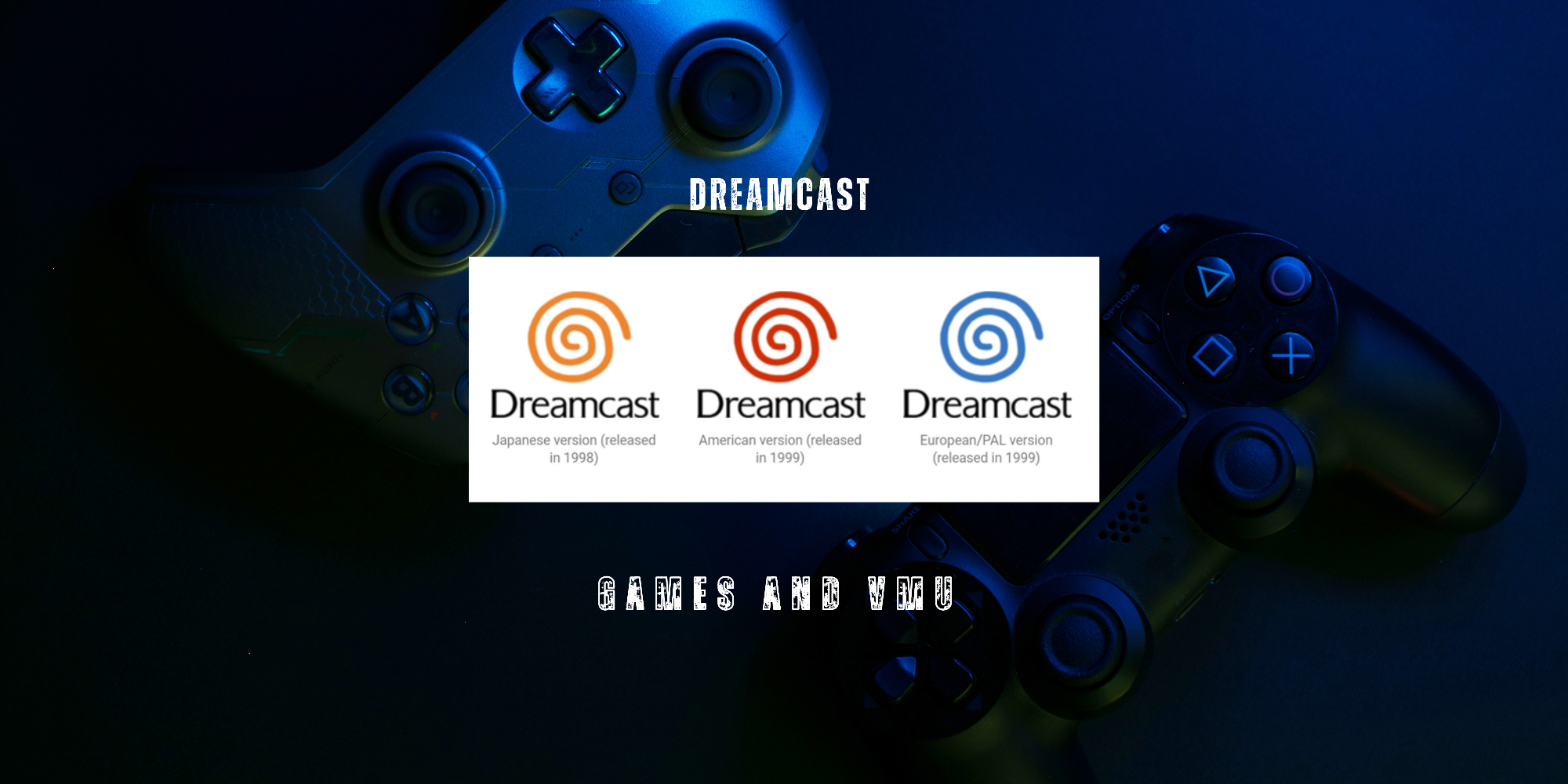 Three 'Dreamcast' logos displayed on a screen with gaming controllers in the background.