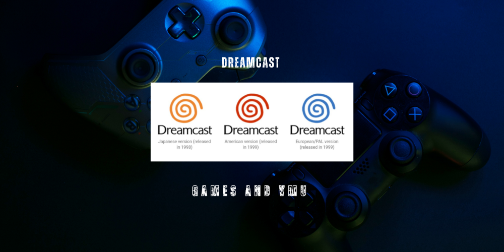 Three 'Dreamcast' logos displayed on a screen with gaming controllers in the background.