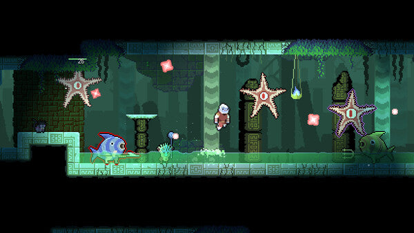 Pixel art-style video game scene with characters and objects in an underwater setting