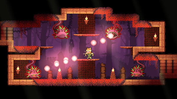 Platformer game level with character, platforms, and enemies in a dark, eerie setting.