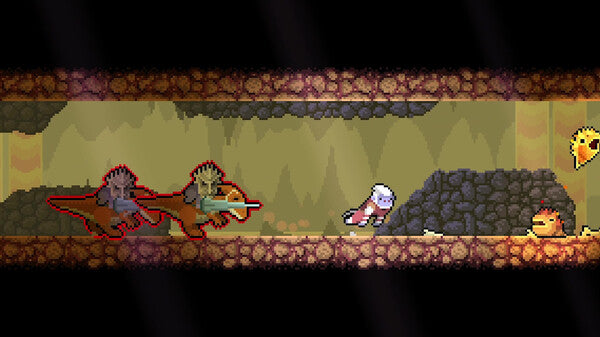 Pixel art scene from a video game with characters in a cave-like setting