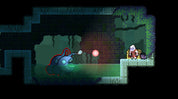 Pixel art scene from a video game with a blue creature and a character in a chair.