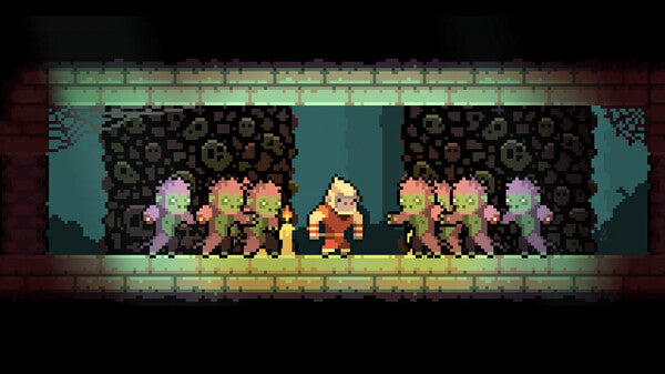Pixel art scene with a character and three zombies in a dark room.