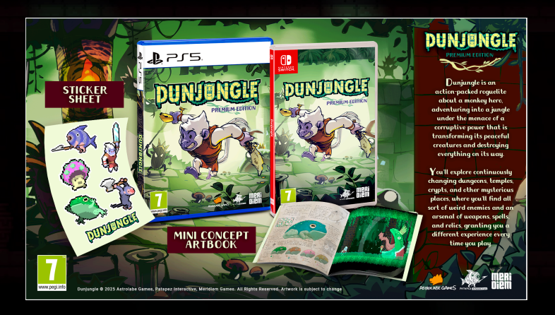 DunJungle game packaging with PS5, Nintendo Switch, and physical book on a green background