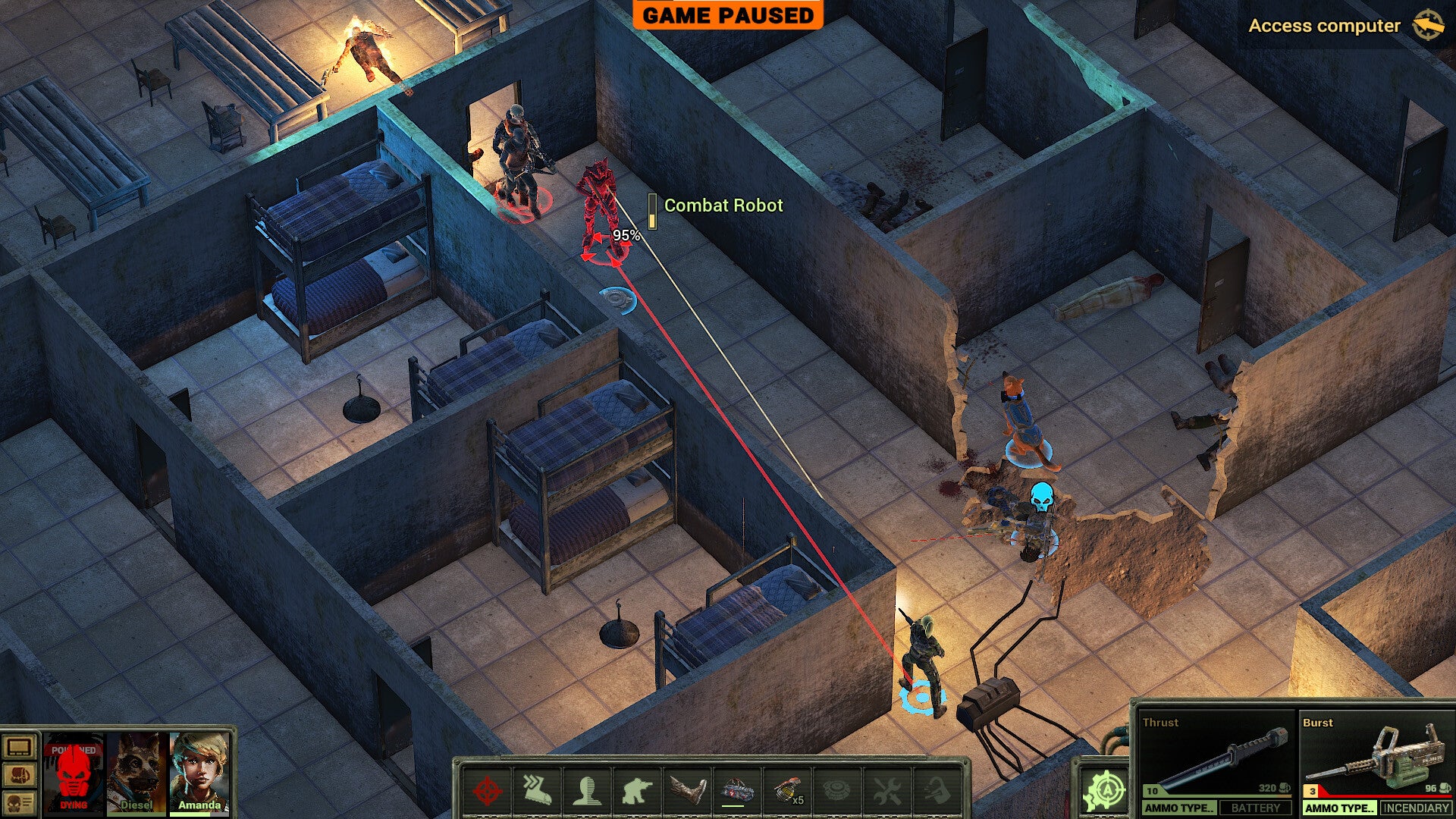 Screenshot of a turn-based strategy game with characters and combatants in a detailed environment.