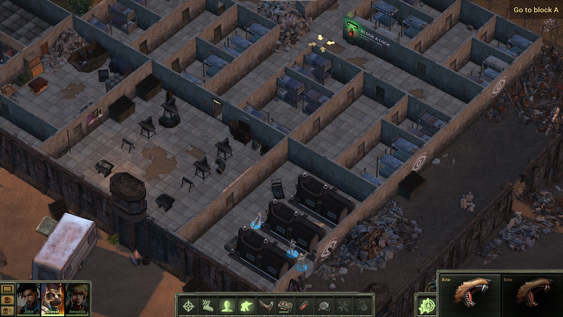 Isometric view of a post-apocalyptic scene with characters and structures.