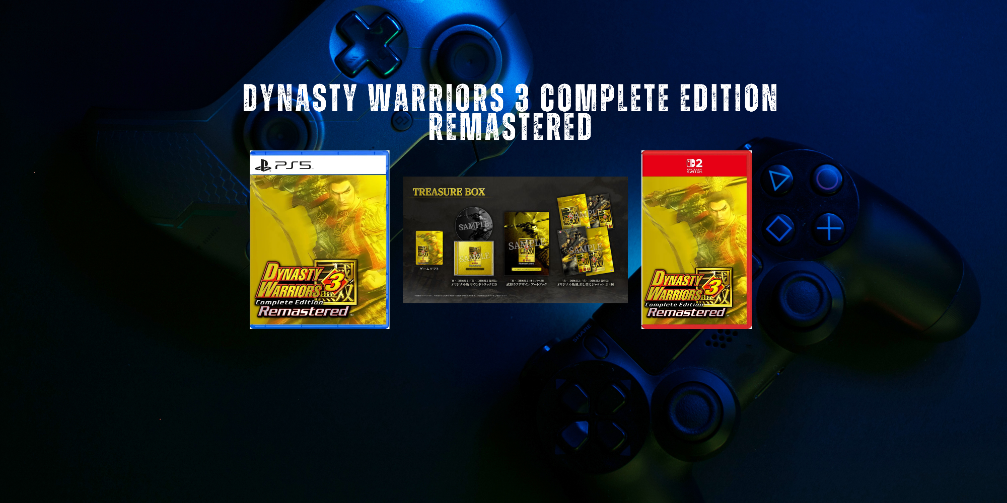 Promotional graphic for the video game 'Dynasty Warriors 3 Complete Edition Remastered' showing two game cases (PS5 and Xbox Series S) in front of two black game controllers on a dark blue background.
