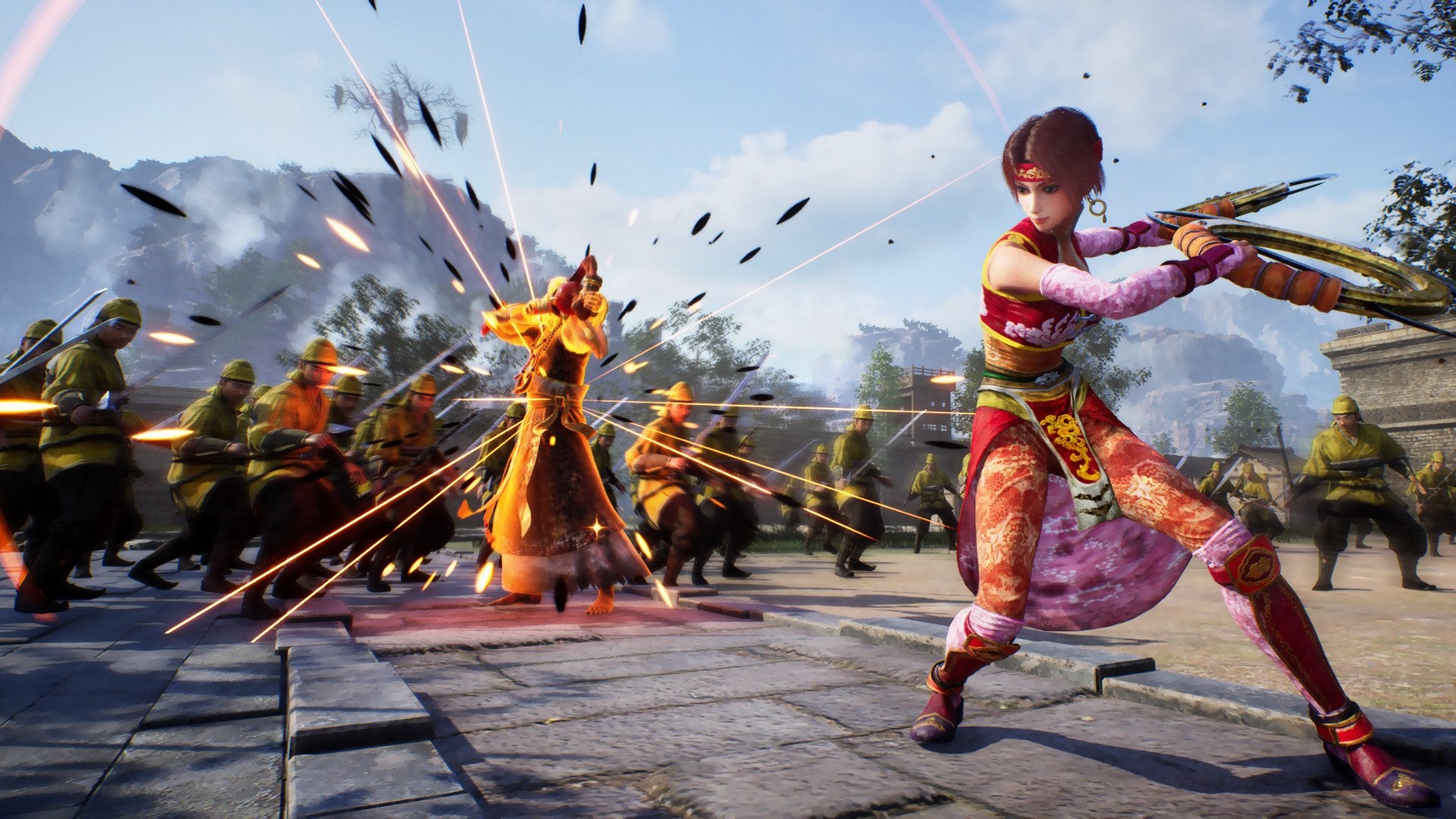 Character in colorful armor engaging in combat with enemies in a fantasy setting