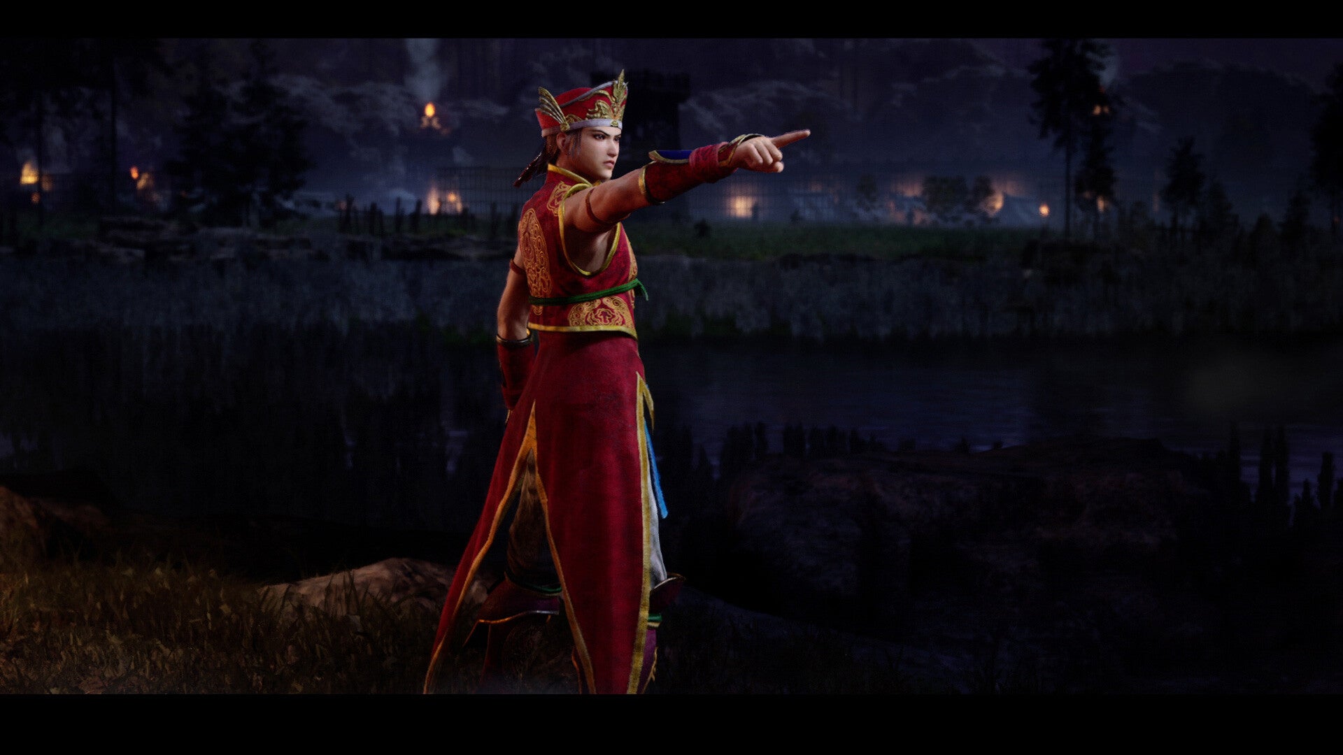 Character in red and gold traditional attire pointing forward in a dark, forested area with fires in the background