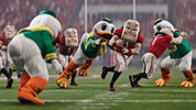 Cartoon characters in sports uniforms playing football on a field