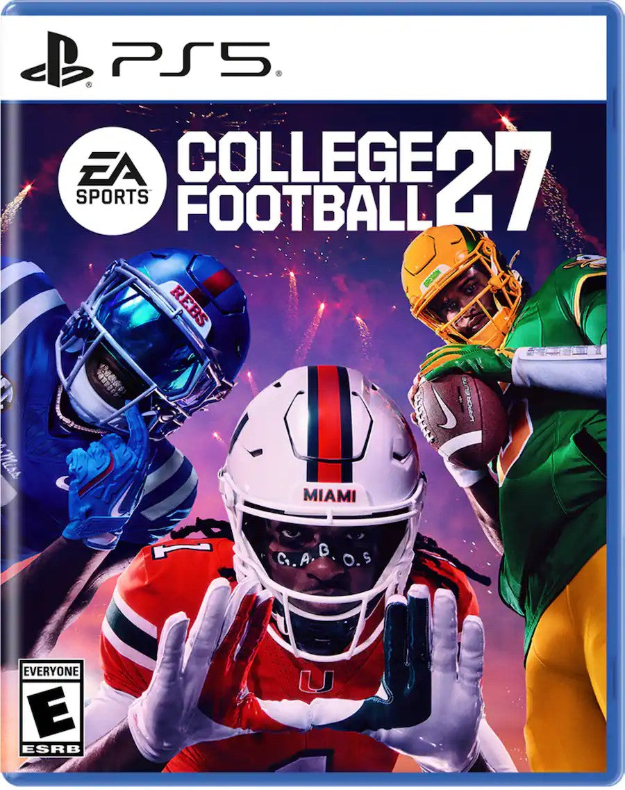Game cover for 'College Football 27' by EA Sports on a PS5 console, featuring three football players in action.