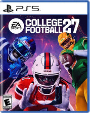 Game cover for 'College Football 27' by EA Sports on a PS5 console, featuring three football players in action.