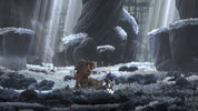 Two characters in a snowy, fantasy landscape with large statues and a glowing light source.