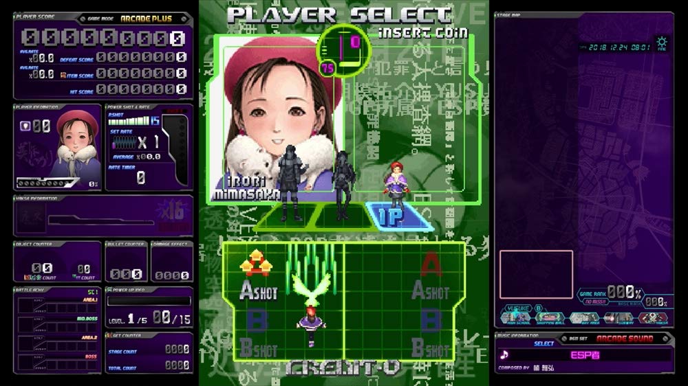 A screenshot of a video game character selection and map interface with a green and purple HUD, anime-style character portraits, health bars, and in-game text such as 'PLAYER SELECT' and 'INSERT COIN'.