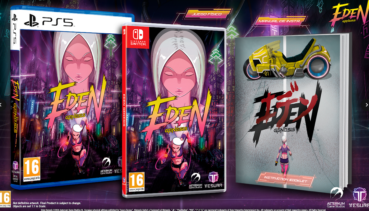 Gaming console cases and packaging for a game titled 'Eden' on a dark background.