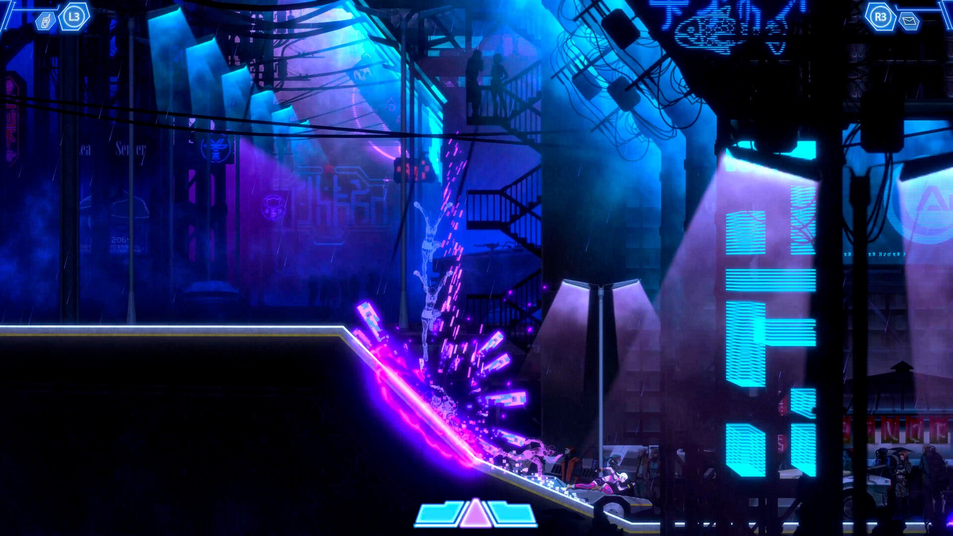 Futuristic sci-fi scene with neon lights and advanced technology.