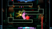 Screenshot of a video game with a character in a pink suit and colorful laser effects.