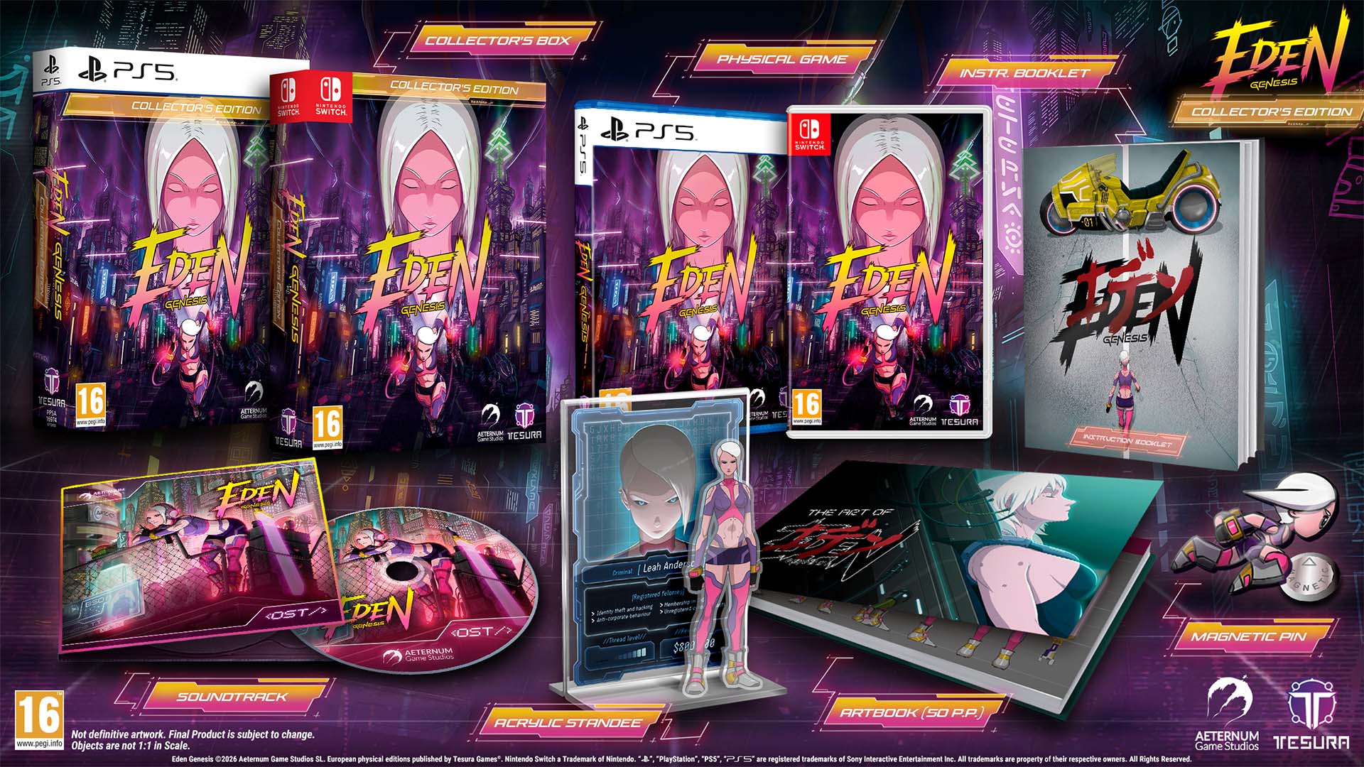 Collection of 'Eden' game merchandise including cases, figurines, and promotional materials on a dark background.