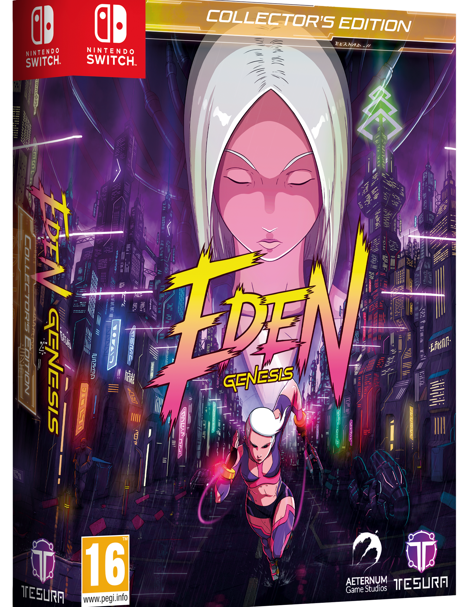 Eden Genesis Collector's Edition packaging for Nintendo Switch with stylized cityscape and character design.