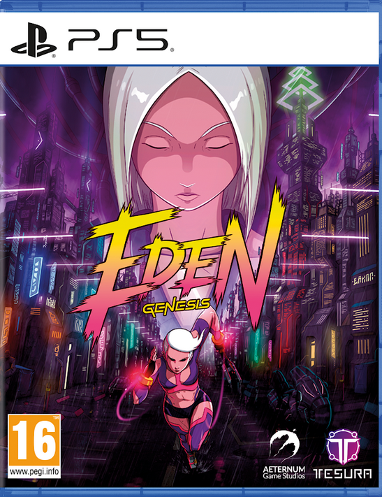 Eden Genesis game cover for PS5 with stylized characters and neon cityscape