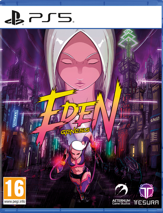 Eden Genesis game cover for PS5 with stylized characters and neon cityscape