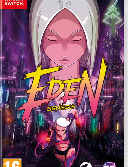 Eden Genesis game cover for Nintendo Switch with stylized character and cityscape background.