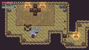 Pixel art screenshot of a top-down fantasy dungeon scene with a small character near stone blocks, torches, chests, and a map-like border on a dark background.