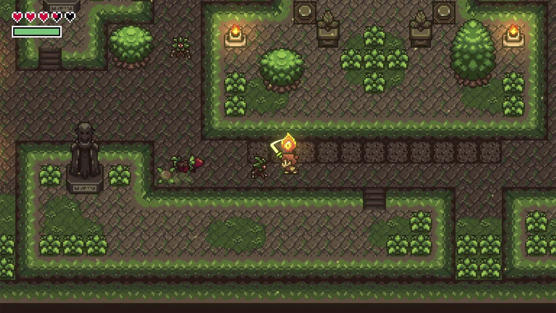 Pixel art scene from a top-down RPG game, showing a small golden character standing in a stone path surrounded by green bushes, trees, and decorative stone walls.