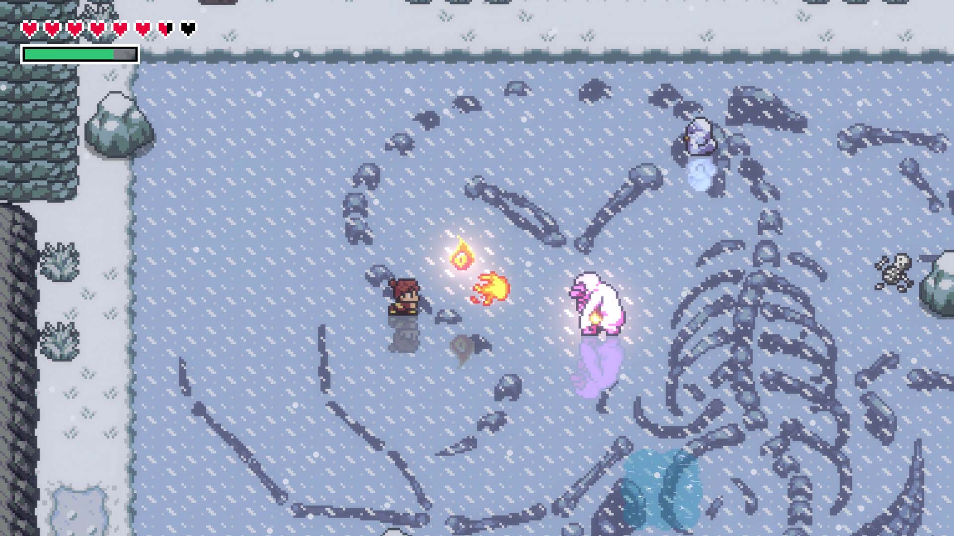 Pixel art scene from a video game with characters in a snowy landscape