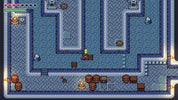 Pixel art top-down scene showing a small character standing in a blue stone corridor with barrels, crates, and interface elements along the top, resembling a video game map screenshot.