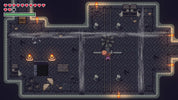Top-down pixel art scene of a dark dungeon or room layout with stone walls, torches, chests, and a small character standing near the center on a dark background.