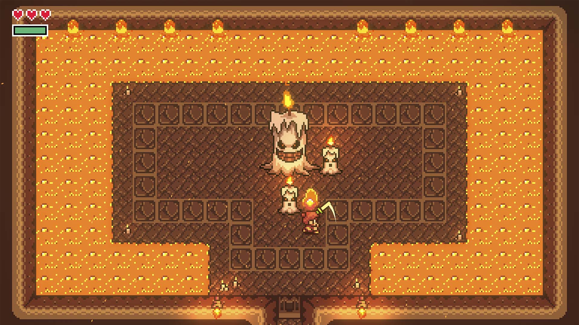 Pixel art scene showing a character standing in a stone chamber with torches, surrounded by a large orange-brown portal or frame structure.