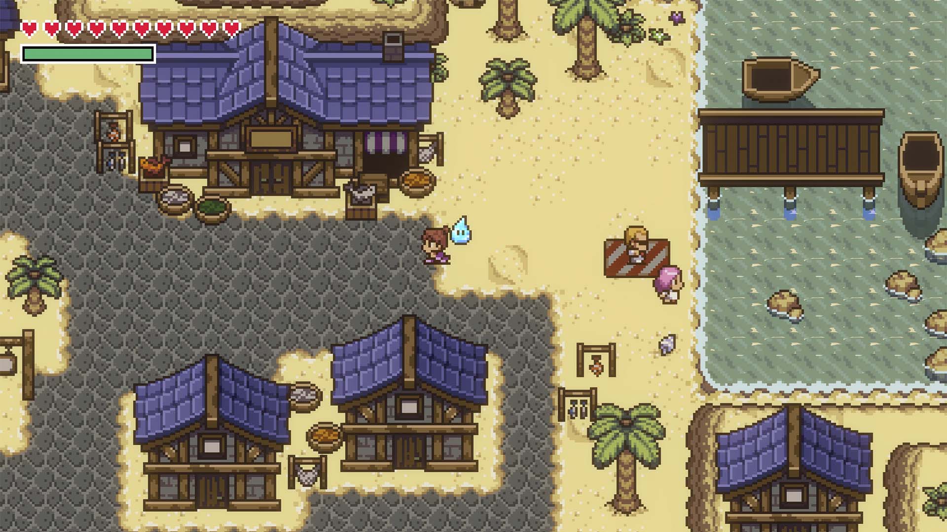 Pixel art scene showing a top-down view of a fantasy island village with blue-roofed houses, sandy ground, water, palm trees, and small characters near market stalls.