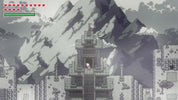 Pixel art scene showing a stone tower or castle structure set against large gray mountains, with a small character standing in the doorway. The image has a retro game-style UI at the top with red hearts and a green health bar.