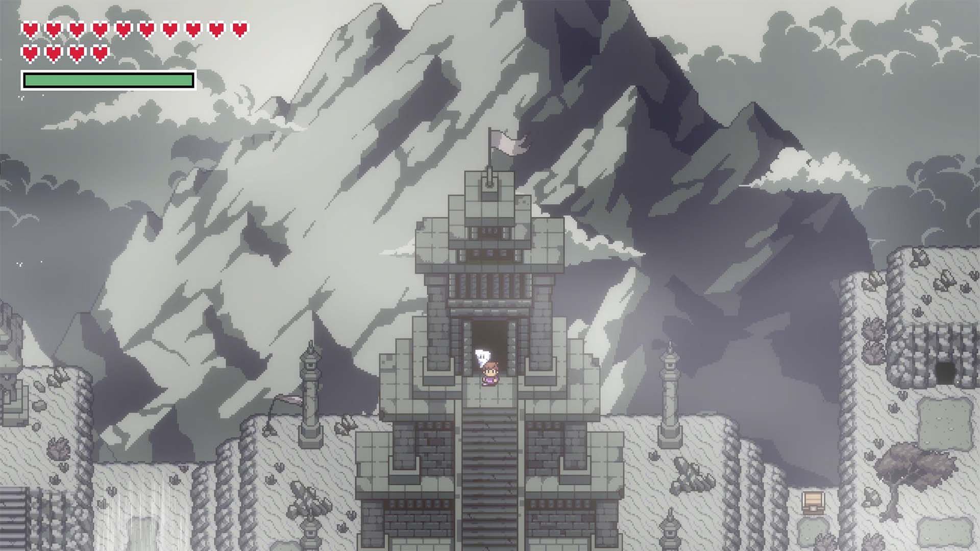 Pixel art scene showing a stone tower or castle structure set against large gray mountains, with a small character standing in the doorway. The image has a retro game-style UI at the top with red hearts and a green health bar.
