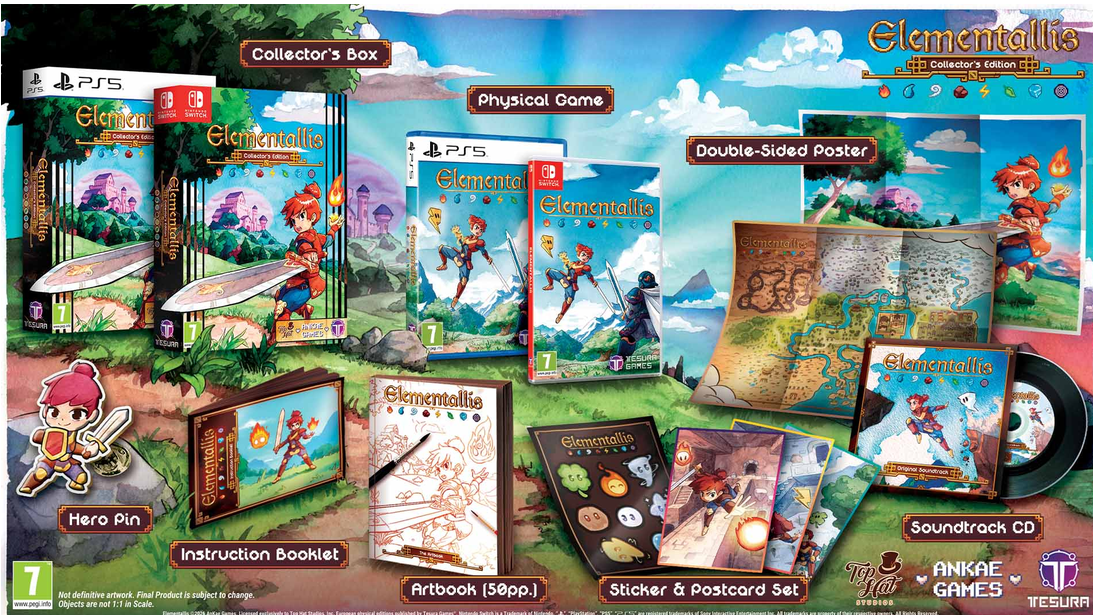 Elementalis: The Gathering Storm PS5 game bundle display featuring the PS5 game case, collector's box, physical game, double-sided poster, artbook, instruction booklet, sticker & postcard set, soundtrack CD, and character pin on a colorful illustrated background.