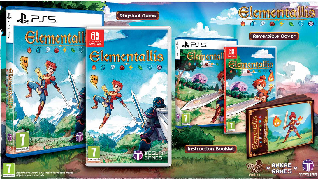 Elementallis video game bundle for PlayStation 5 and Nintendo Switch, featuring the PS5 physical game case, the Switch version with a reversible cover, an instruction booklet, and a handheld console, all displayed against a colorful illustrated background.