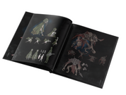 Open book displaying illustrations of characters on a black background