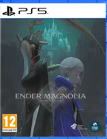 Game cover for 'Ender Magnolia' with two characters and a castle in the background, featuring the PS5 logo.