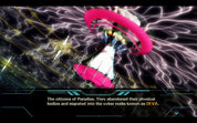A stylized sci-fi scene showing a futuristic white and pink tower-like structure surrounded by glowing electric energy lines on a dark background, with a text banner at the bottom reading about Paradise and the cyber realm DEVA.