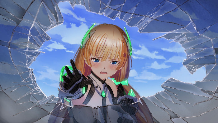 Anime-style illustration of a blonde female character with green accents and a black-and-white outfit, standing behind a shattered glass window with a blue sky visible in the center.