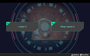 A digital game interface screenshot showing two selectable text options: 'I open it' and 'Dingo opens it', with a character portrait and futuristic circular HUD elements on a dark background.