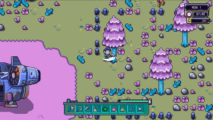 Pixel art scene from a retro game showing a small character standing near purple crystal trees on a green landscape, with a blue vehicle on the left and a status bar at the top right.