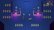 Pixel art scene from a retro platformer game, showing a small player character in a blue futuristic room with alien figures, glowing pink platforms, and inventory icons in the top-right corner.