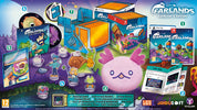 Farlands Collector's Edition product lineup graphic showing multiple game and physical item components arranged in a colorful illustrated scene. Visible items include a PS5 game box, PS4 game cases, instruction booklet, cotton bunny, plush toy, character cards, art cards, a space paper craft kit, and a 12 rating badge.