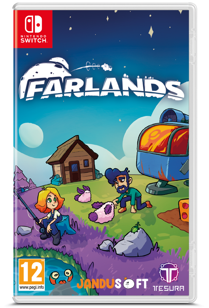 Nintendo Switch game case for Farlands, featuring colorful cartoon cover art with a starry night sky, a small cabin, two characters, and a blue vehicle. Visible branding includes Nintendo Switch, PEGI 12, Jandusoft, and Tesura.