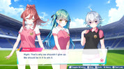 Three animated characters in sports uniforms standing on a stadium field with text overlay.