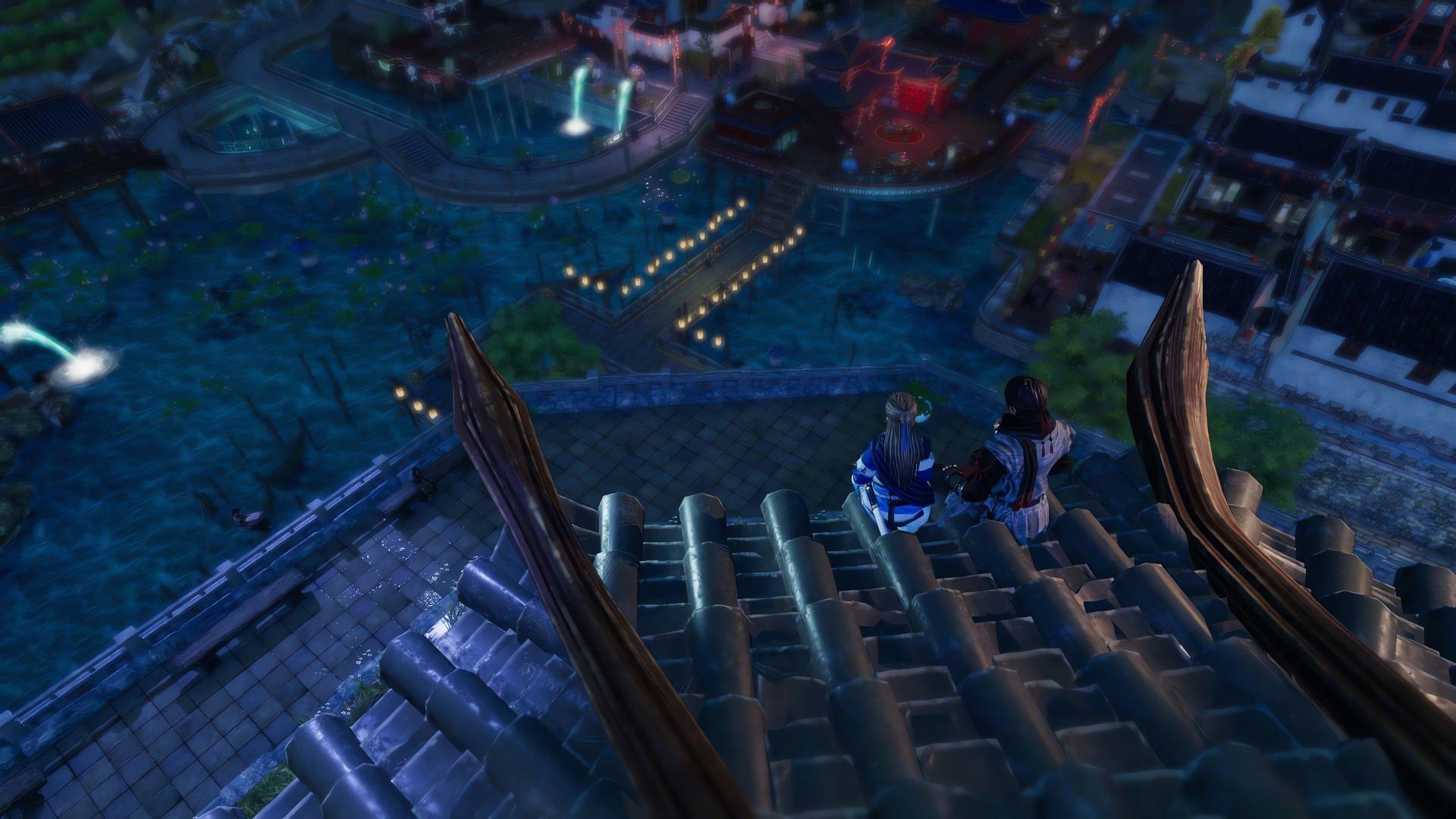 Two characters overlooking a cityscape at night from a high vantage point.